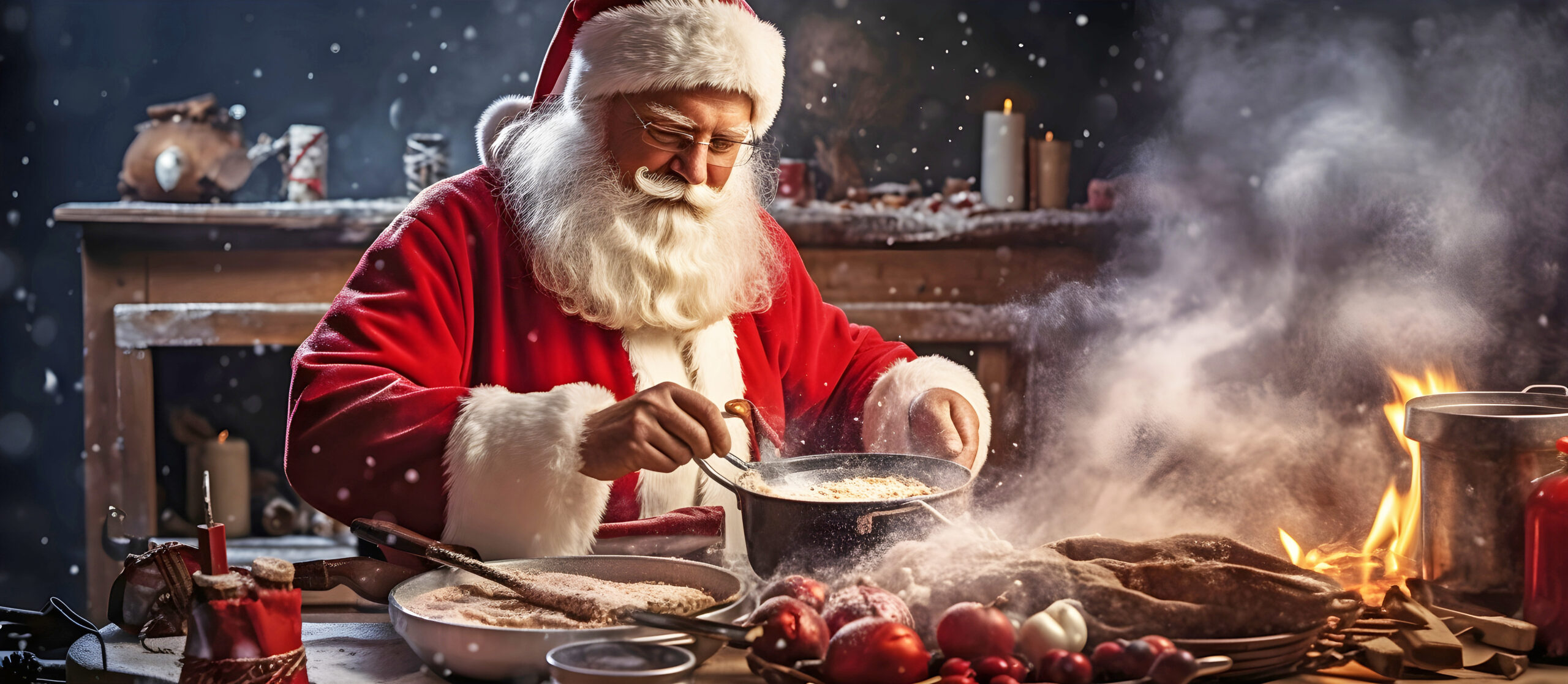 Father Christmas cooking. AI generated